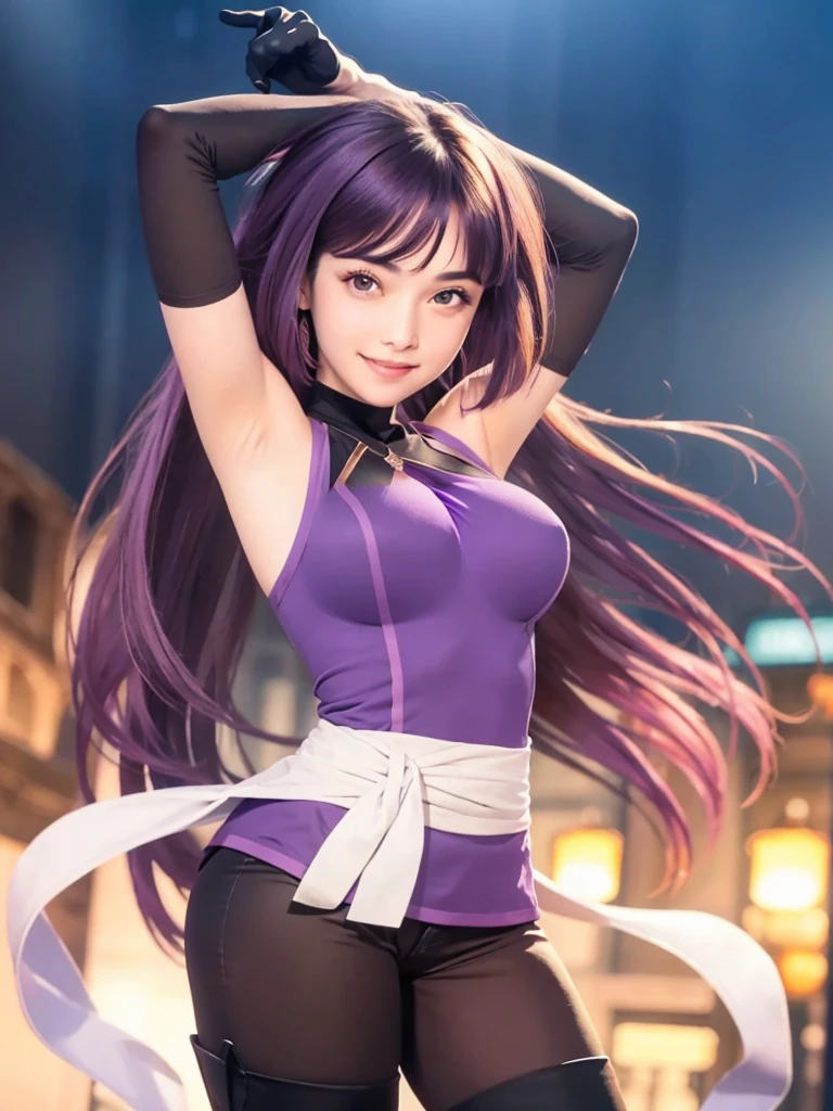 A beautiful girl, high quality, real details, color details, face details, eyes details, intricate details, smile face, smooth glowing skin, 3D image, medium contrast, cinematic lighting, realistic, masterpiece, 8K, thin face, front bangs hair, long hair with purple color, purple eyes, smiling , pink mouth, a girl with a purple sleeveless shirt, large breast size, 2 hands, 2 hand raised, 5 fingers, showing armpits, smooth armpit, black shorts.