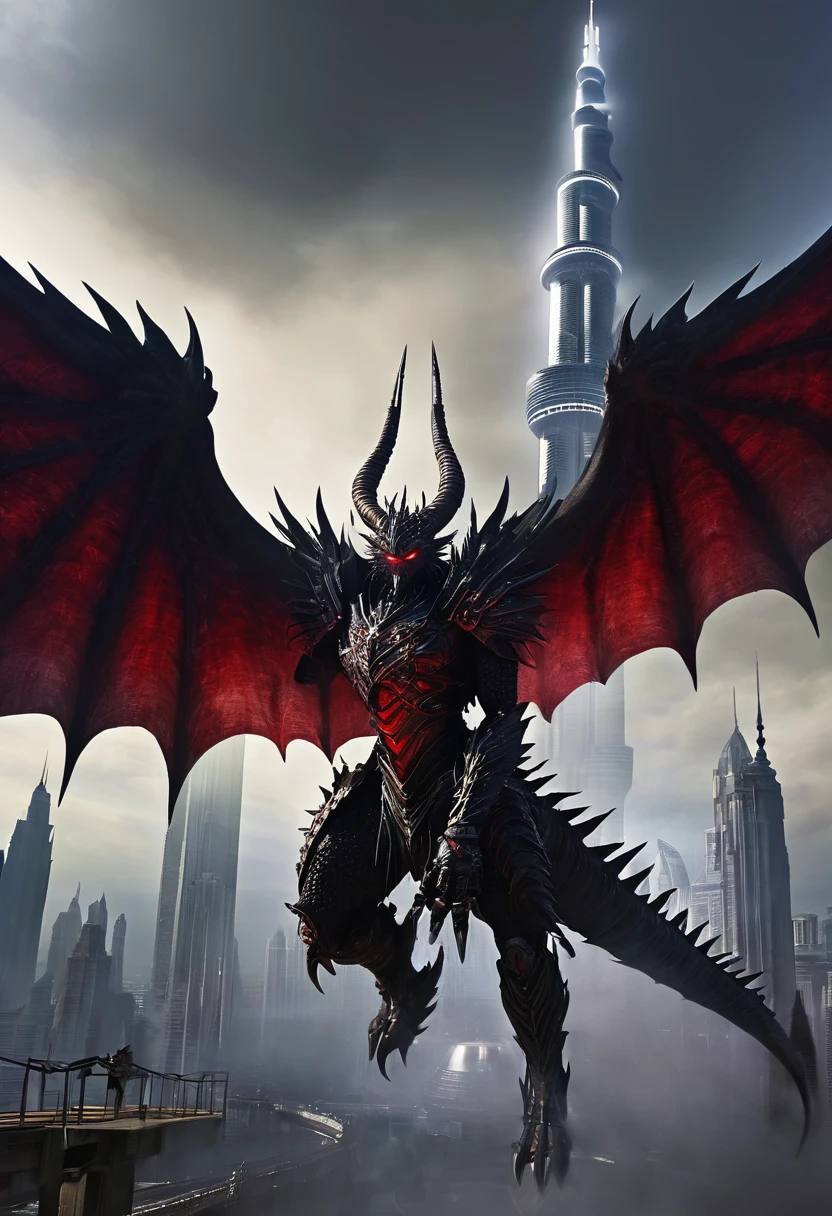 Noctarion: Detailed and Menacing Description
Physical Attributes
Height: Over 2,500 meters (8,200 feet)
Wingspan: Over 46,000 kilometers (28,580 miles)
Appearance
Scales and Markings: Noctarion’s body is covered in deep, velvety black scales. Crimson lines pulse rhythmically along his body, emphasizing his immense and terrifying power.
Eyes: His eyes glow a fierce red, emanating an intense and fearsome energy.
Claws and Teeth: Massive claws and razor-sharp teeth add to his formidable and deadly appearance.
Horns: Large, imposing horns adorn his head, adding to his intimidating presence.
Additional Features
Spikes and Armor: Noctarion’s body is lined with numerous spikes. He has three pairs of tails, each adorned with heavy, impenetrable armor.
Wings: Noctarion boasts two sets of massive wings. Each wing is bat-like, adorned with additional spikes, and emits shadow-like substances and pulsars of dark red energy, enhancing his menacing aura.
Mist and Aura: A dark mist surrounds him, distorting the air and creating an eerie, unsettling atmosphere.
Background and Scale
Scale: To emphasize Noctarion’s massive size, imagine placing the Burj Khalifa in the background. This tallest building in the world would look minuscule next to Noctarion, highlighting his dominance and power.
Visualization
Formidable Presence: Visualize Noctarion towering over the Burj Khalifa, his massive form dwarfing the skyscraper. His imposing horns and additional claws enhance his menacing look, while his spiked and armored tails sway behind him, ready to strike.
Powerful Wings: His two sets of wings are vast and powerful, each flap sending ripples of dark energy through the air. The wings, adorned with spikes, add to his intimidating appearance, casting shadows that seem to stretch for miles.
Energy and Mist: The shadow-like substances and dark red energy pulsars that he emits create a chilling atmosphere, making the air around him feel heavy and foreboding. The dark mist that surrounds him disto