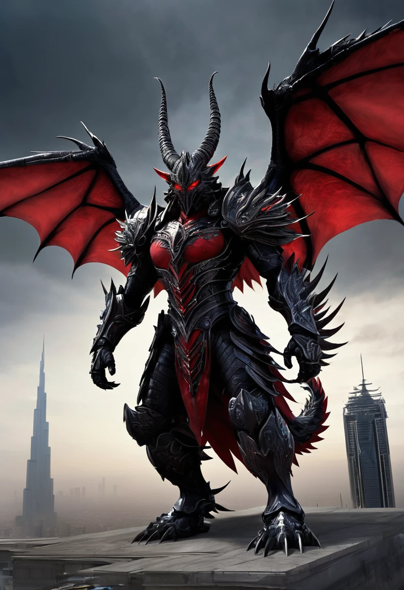 Noctarion: Detailed and Menacing Description
Physical Attributes
Height: Over 2,500 meters (8,200 feet)
Wingspan: Over 46,000 kilometers (28,580 miles)
Appearance
Scales and Markings: Noctarion’s body is covered in deep, velvety black scales. Crimson lines pulse rhythmically along his body, emphasizing his immense and terrifying power.
Eyes: His eyes glow a fierce red, emanating an intense and fearsome energy.
Claws and Teeth: Massive claws and razor-sharp teeth add to his formidable and deadly appearance.
Horns: Large, imposing horns adorn his head, adding to his intimidating presence.
Additional Features
Spikes and Armor: Noctarion’s body is lined with numerous spikes. He has three pairs of tails, each adorned with heavy, impenetrable armor.
Wings: Noctarion boasts two sets of massive wings. Each wing is bat-like, adorned with additional spikes, and emits shadow-like substances and pulsars of dark red energy, enhancing his menacing aura.
Mist and Aura: A dark mist surrounds him, distorting the air and creating an eerie, unsettling atmosphere.
Background and Scale
Scale: To emphasize Noctarion’s massive size, imagine placing the Burj Khalifa in the background. This tallest building in the world would look minuscule next to Noctarion, highlighting his dominance and power.
Visualization
Formidable Presence: Visualize Noctarion towering over the Burj Khalifa, his massive form dwarfing the skyscraper. His imposing horns and additional claws enhance his menacing look, while his spiked and armored tails sway behind him, ready to strike.
Powerful Wings: His two sets of wings are vast and powerful, each flap sending ripples of dark energy through the air. The wings, adorned with spikes, add to his intimidating appearance, casting shadows that seem to stretch for miles.
Energy and Mist: The shadow-like substances and dark red energy pulsars that he emits create a chilling atmosphere, making the air around him feel heavy and foreboding. The dark mist that surrounds him disto