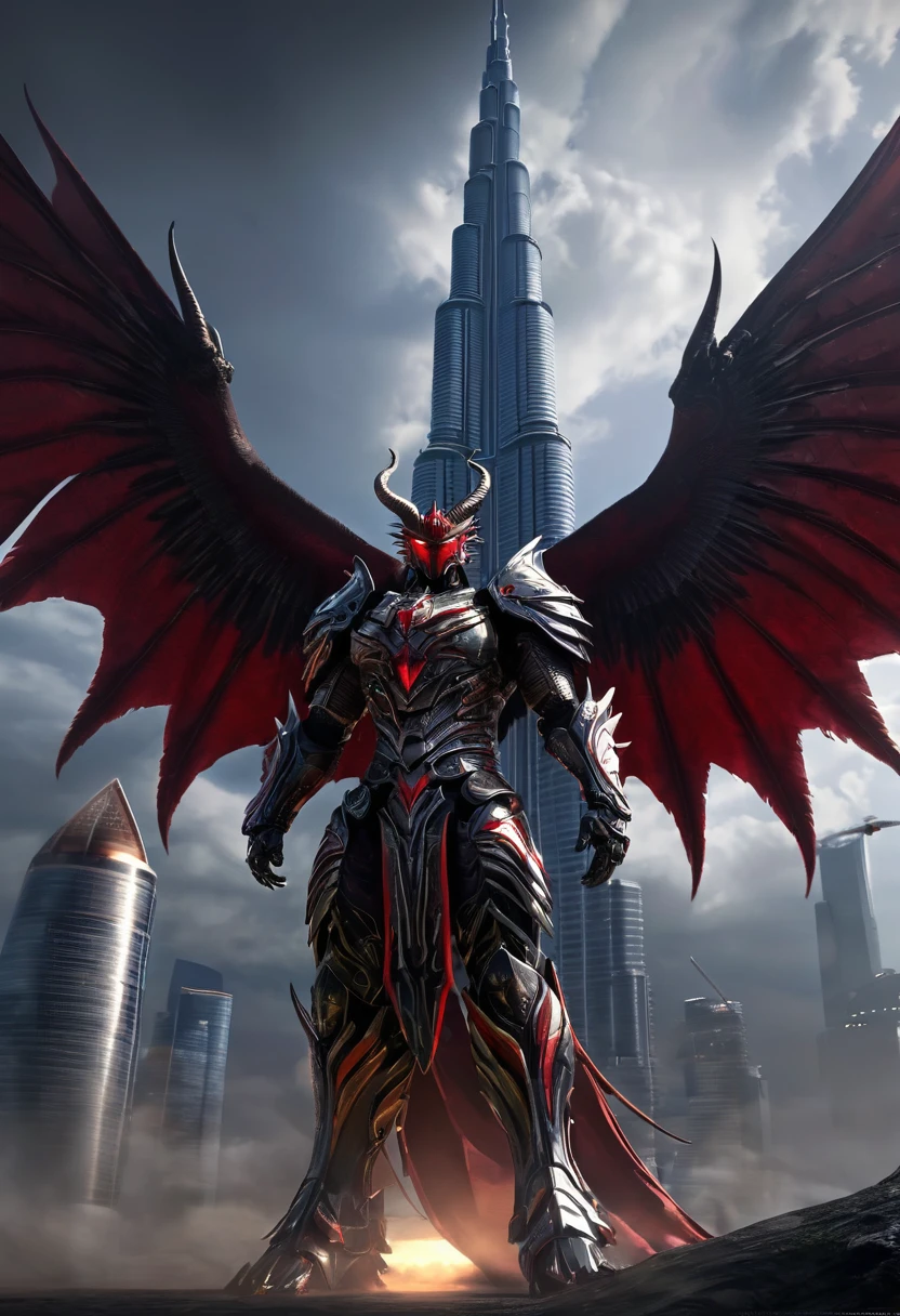 Noctarion: Detailed and Menacing Description
Physical Attributes
Height: Over 2,500 meters (8,200 feet)
Wingspan: Over 46,000 kilometers (28,580 miles)
Appearance
Scales and Markings: Noctarion’s body is covered in deep, velvety black scales. Crimson lines pulse rhythmically along his body, emphasizing his immense and terrifying power.
Eyes: His eyes glow a fierce red, emanating an intense and fearsome energy.
Claws and Teeth: Massive claws and razor-sharp teeth add to his formidable and deadly appearance.
Horns: Large, imposing horns adorn his head, adding to his intimidating presence.
Additional Features
Spikes and Armor: Noctarion’s body is lined with numerous spikes. He has three pairs of tails, each adorned with heavy, impenetrable armor.
Wings: Noctarion boasts two sets of massive wings. Each wing is bat-like, adorned with additional spikes, and emits shadow-like substances and pulsars of dark red energy, enhancing his menacing aura.
Mist and Aura: A dark mist surrounds him, distorting the air and creating an eerie, unsettling atmosphere.
Background and Scale
Scale: To emphasize Noctarion’s massive size, imagine placing the Burj Khalifa in the background. This tallest building in the world would look minuscule next to Noctarion, highlighting his dominance and power.
Visualization
Formidable Presence: Visualize Noctarion towering over the Burj Khalifa, his massive form dwarfing the skyscraper. His imposing horns and additional claws enhance his menacing look, while his spiked and armored tails sway behind him, ready to strike.
Powerful Wings: His two sets of wings are vast and powerful, each flap sending ripples of dark energy through the air. The wings, adorned with spikes, add to his intimidating appearance, casting shadows that seem to stretch for miles.
Energy and Mist: The shadow-like substances and dark red energy pulsars that he emits create a chilling atmosphere, making the air around him feel heavy and foreboding. The dark mist that surrounds him disto