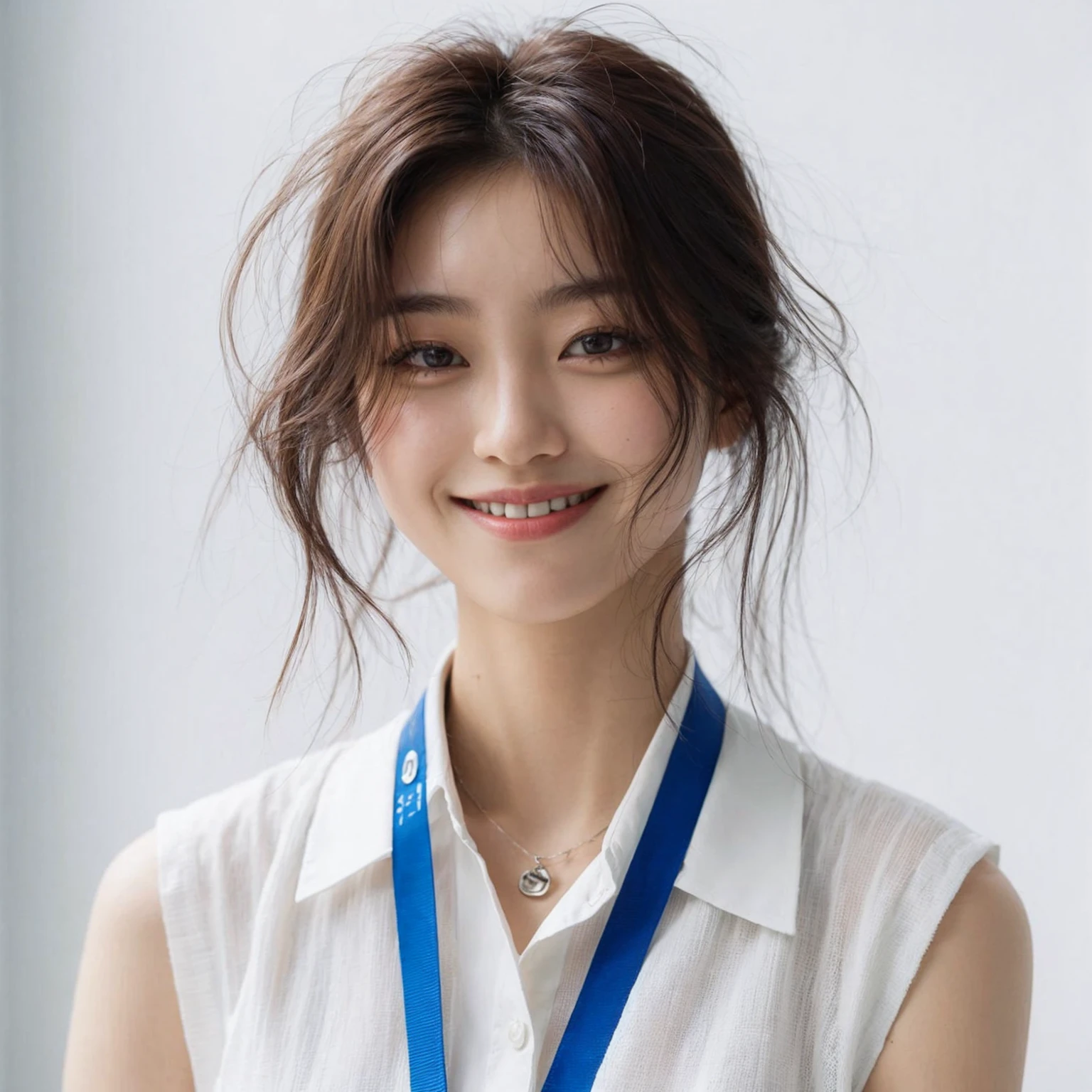 A korean female with messy hairstyle. They are dressed in a sleeveless white blouse and have a blue lanyard around their neck. The expression is cheerful, with a smile. The background is clean and minimalistic with a white wall. UHD. 8k. realistic photo. masterpiece. Super detailed,Very detailed,sharp focus,Surreal:1.4,professional,HD images