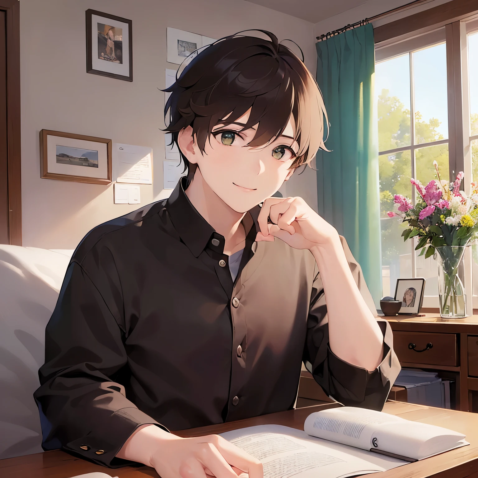 (looking away:1.5)、Side shot、upper body、 masterpiece、Highest quality、 BREAK (25-year-old male:1.5) and (Mahogany brown short hair) and (Green Eyes) BREAK, (smile:1.5),The background is the living room、Sitting on the couch、Wearing a collared shirt