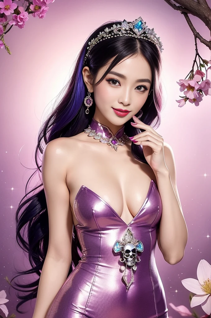sexy Thai model who controls poison、beautiful smile、lip-gloss、bold lipstick、intense makeup、look at the camera、full body Esbian、、sparkling poisoned flower costume、、、、sparkling Colorful hair、secrete poison、skull hair accessories、sexy tights、shiny sparkling flowers background