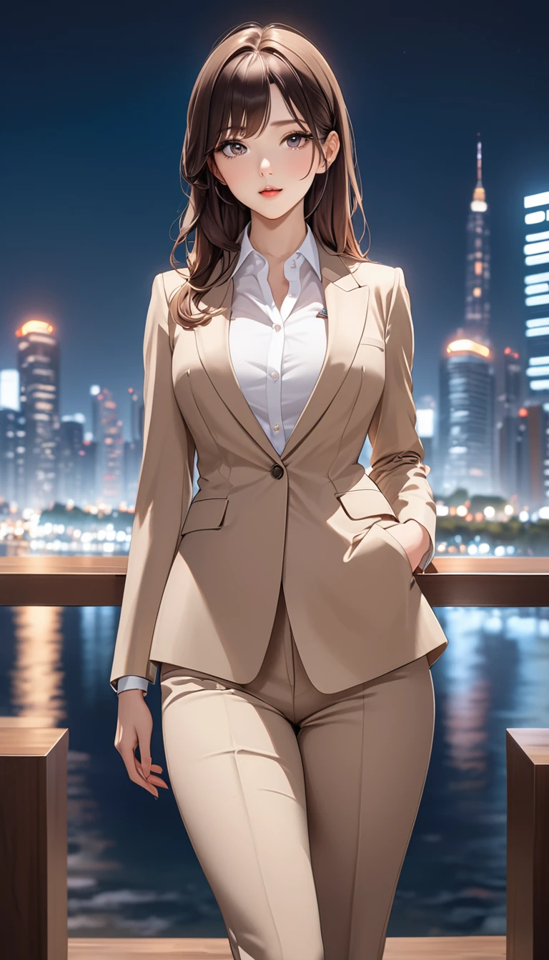 masterpiece, high resolution, beautiful woman, Korean Secretary, 30 years old, pants business suit, beautiful woman, cute, night, standing and looking at me, high resolution face, (high resolution eyes)
