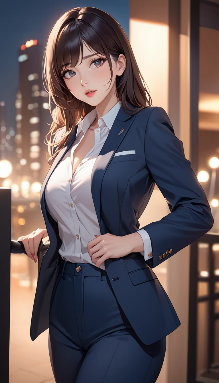 masterpiece, high resolution, beautiful woman, Korean Secretary, 30 years old, pants business suit, beautiful woman, cute, night, standing and looking at me, high resolution face, (high resolution eyes)