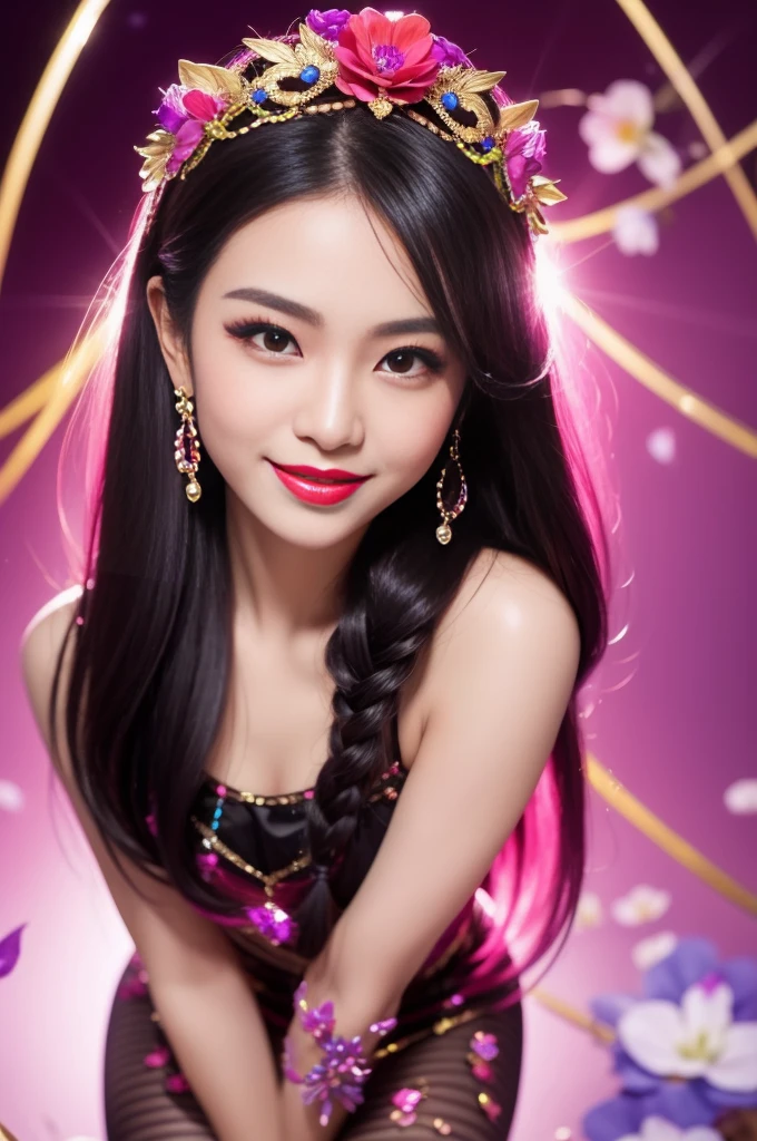 sexy Thai model who controls poison、beautiful smile、lip-gloss、bold lipstick、intense makeup、look at the camera、full body Esbian、、sparkling poisoned flower costume、、、、sparkling Colorful hair、secrete poison、skull hair accessories、sexy tights、shiny sparkling flowers background