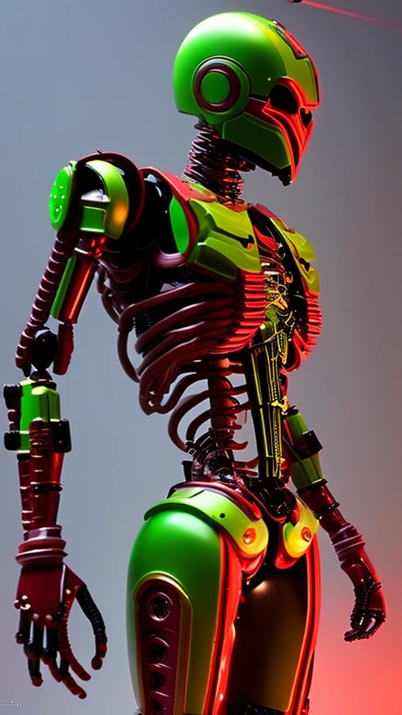 3D rendering, toy, full body image, asymmetrical, action figure, 1/6 scale, 12 inch size, bad guy, android, (((full body asymmetrical))), right half of body is mechanical, steampunk style, parts glow in neon colors, (((left half of body is creepy with arteries and veins protruding))), filthy and unpleasant skin, frightening expression, (((full body image)))