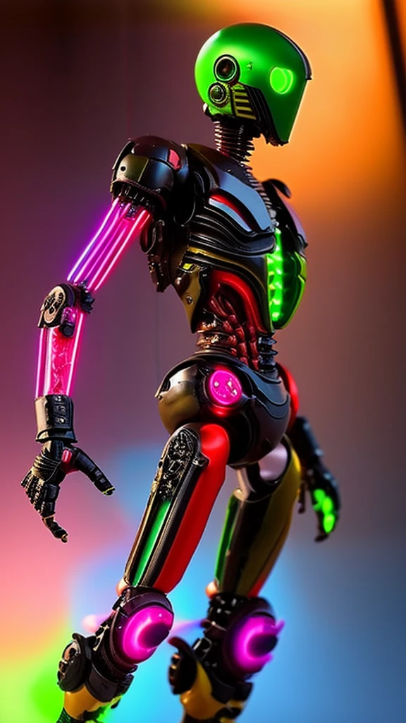 3D rendering, toy, full body image, asymmetrical, action figure, 1/6 scale, 12 inch size, bad guy, android, (((full body asymmetrical))), right half of body is mechanical, steampunk style, parts glow in neon colors, (((left half of body is creepy with arteries and veins protruding))), filthy and unpleasant skin, frightening expression, (((full body image)))
