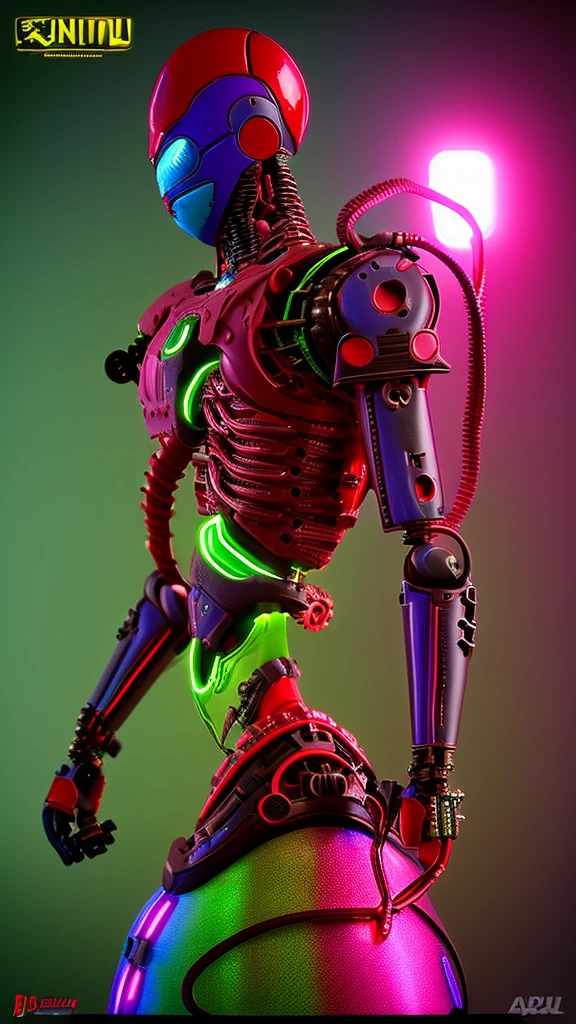 3D rendering, toy, full body image, asymmetrical, action figure, 1/6 scale, 12 inch size, bad guy, android, (((full body asymmetrical))), right half of body is mechanical, steampunk style, parts glow in neon colors, (((left half of body is creepy with arteries and veins protruding))), filthy and unpleasant skin, frightening expression, (((full body image)))