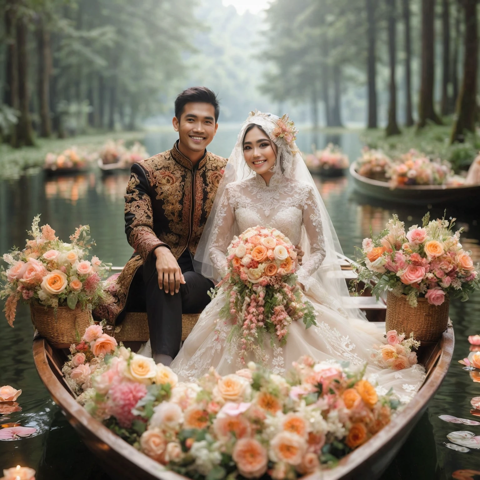 Indonesian bride and groom on a row boat with flowers in front, floating flower bouquet, on a boat on the lake, romantic pose, happy and smiling, very magical, covered with flowers, rowing boat, beautiful couple, delicate theme, romantic couple, in a fairytale forest unique, romantic themed, romantic greenery, in a romantic style, on the lake, beautiful atmosphere, ultra high definition