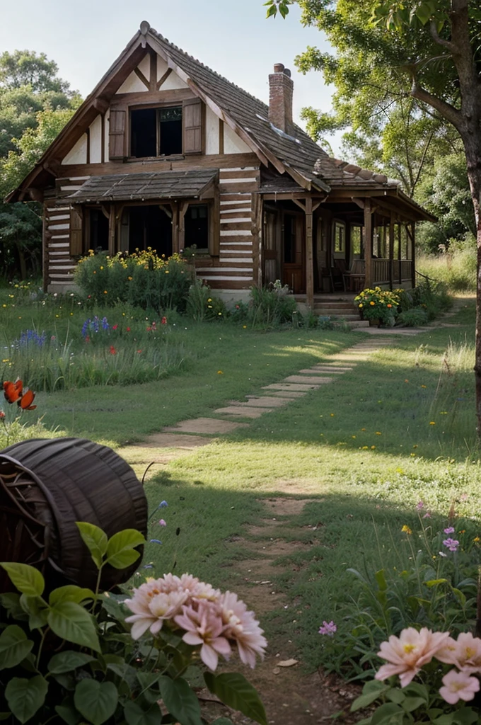 Close-up of a house in a clearing, next to an old man and an old woman sitting. There are flowers and butterflies flying in the background. A boy is chasing butterflies.
