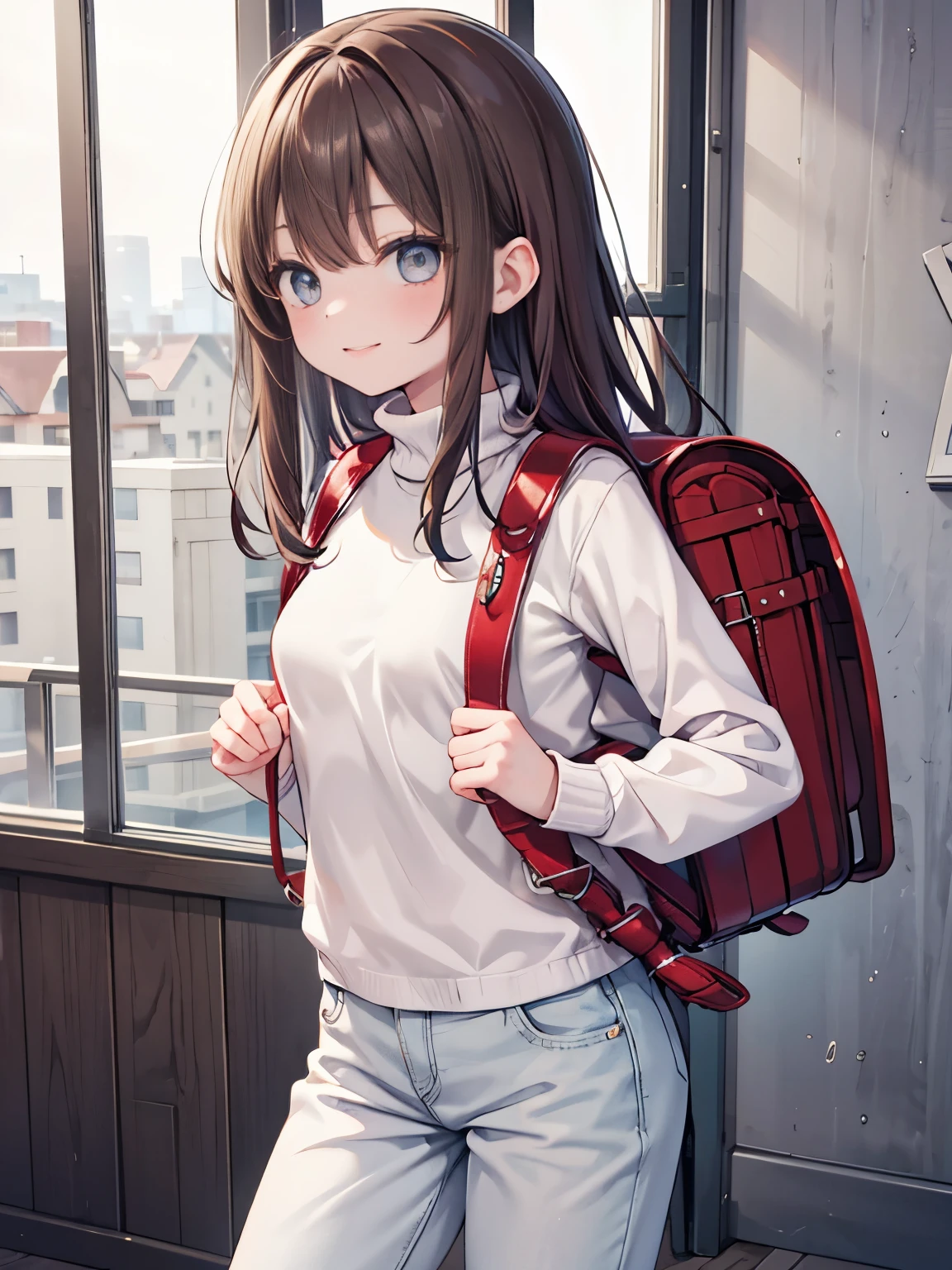 Masterpiece, hd, 1girl, teenager, 17 y o, smile, medium breasts, brown hair, medium hair, wearing turtleneck sweater, wearing denim pants, standing, indoor, wearing randoseru backpack,b, (backpack:1.2)