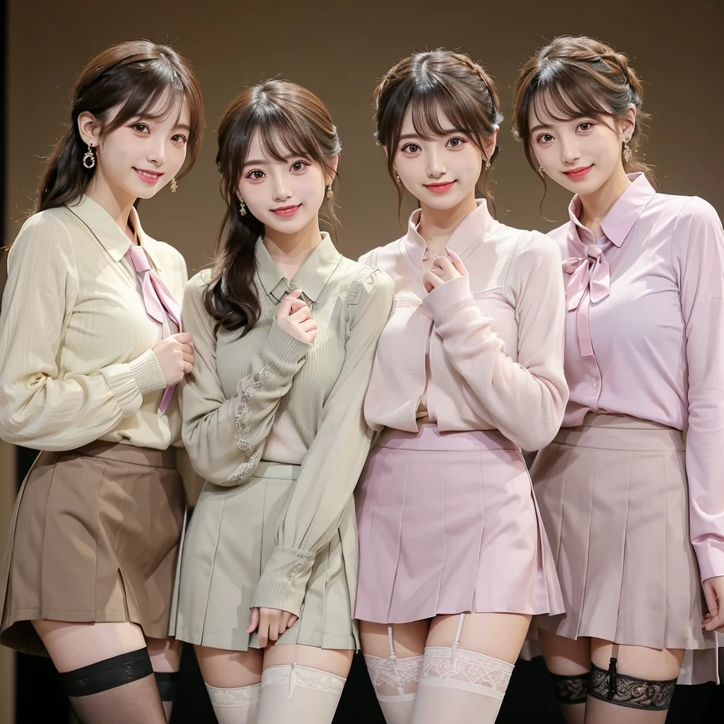 3 Japanese girls, Hair tied up, Bang bang down, (double eyelid), Looking at the audience, At work, (smile), Highest Resolution, masterpiece, (All participants wore pastel-colored long-sleeved sheer blouses.), ((Lift up the entire skirt, Showing panties and stockings)), ((Everyone is wearing earrings)), An elegant tie around the neck