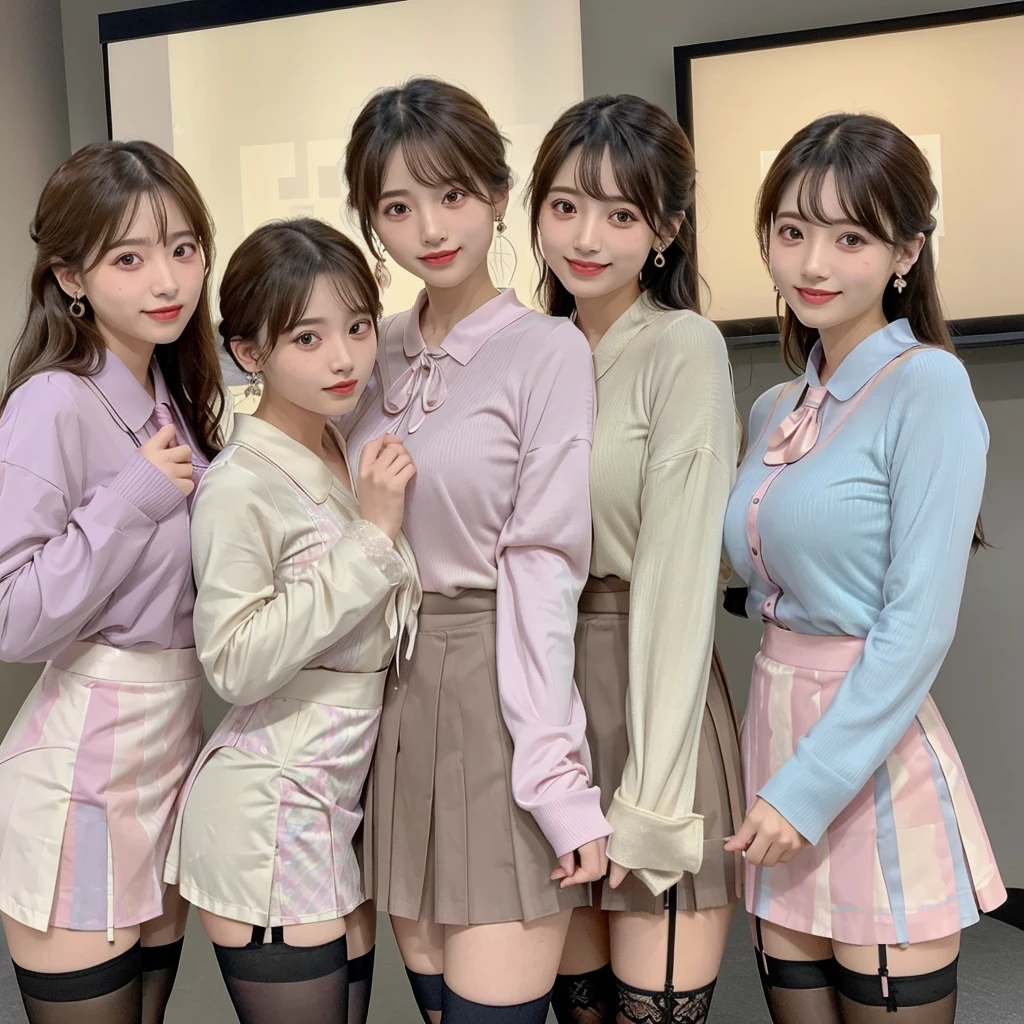 3 Japanese girls, Hair tied up, Bang bang down, (double eyelid), Looking at the audience, At work, (smile), Highest Resolution, masterpiece, (All participants wore pastel-colored long-sleeved sheer blouses.), ((Lift up the entire skirt, Showing panties and stockings)), ((Everyone is wearing earrings)), An elegant tie around the neck