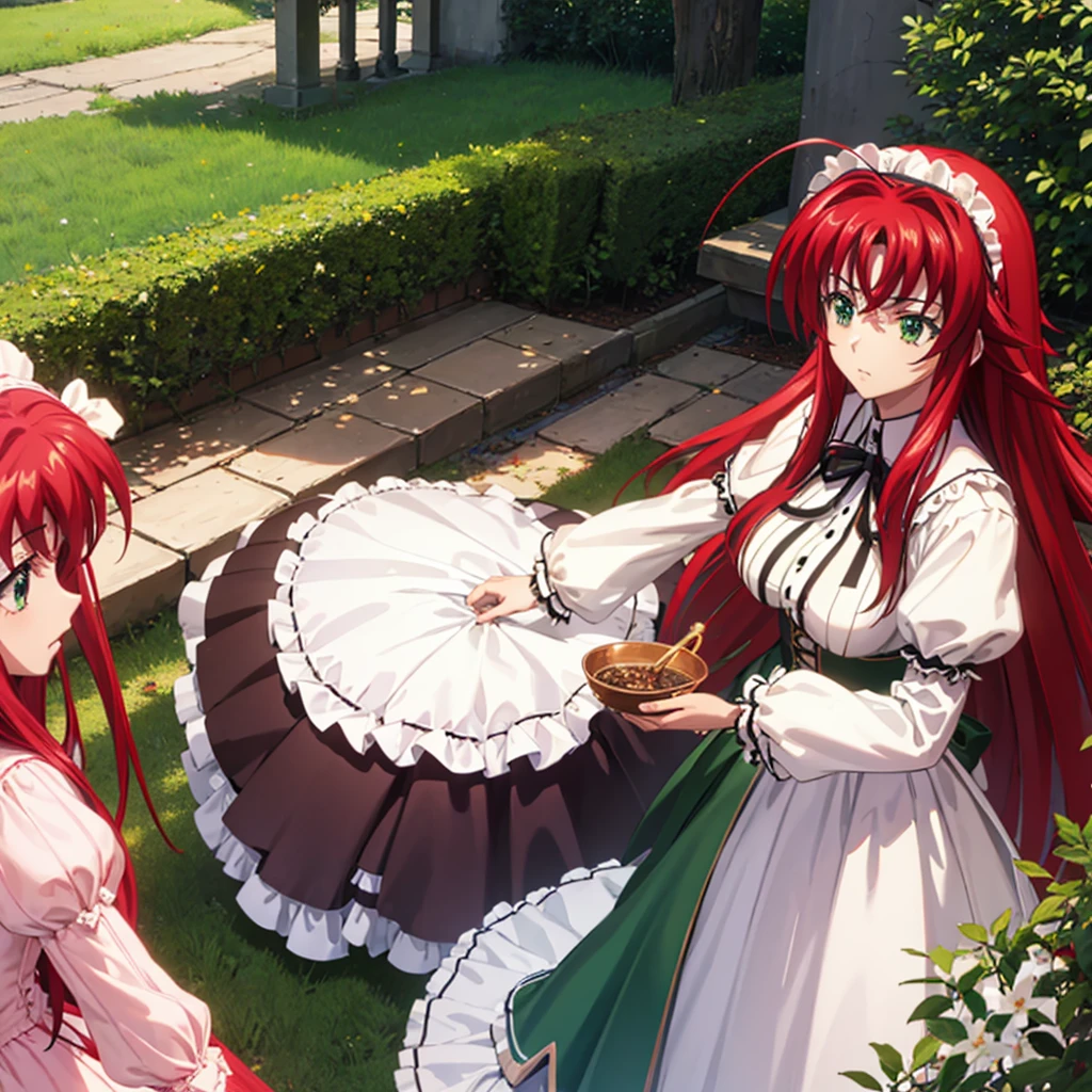 (best quality)), ((Masterpiece)), (Detailed), Perfect Face,1girl,rias gremory, huge ahoge, long hair, hair between eyes, (green eyes:1.3), red hair,gothic ****ta,fine-grained cloth ,frilled mini skirt,puffy sleeves,juliet sleeves, hairband,maid, maid clothes,maid apron, maid headdress,frilled skirt,garden,upper body