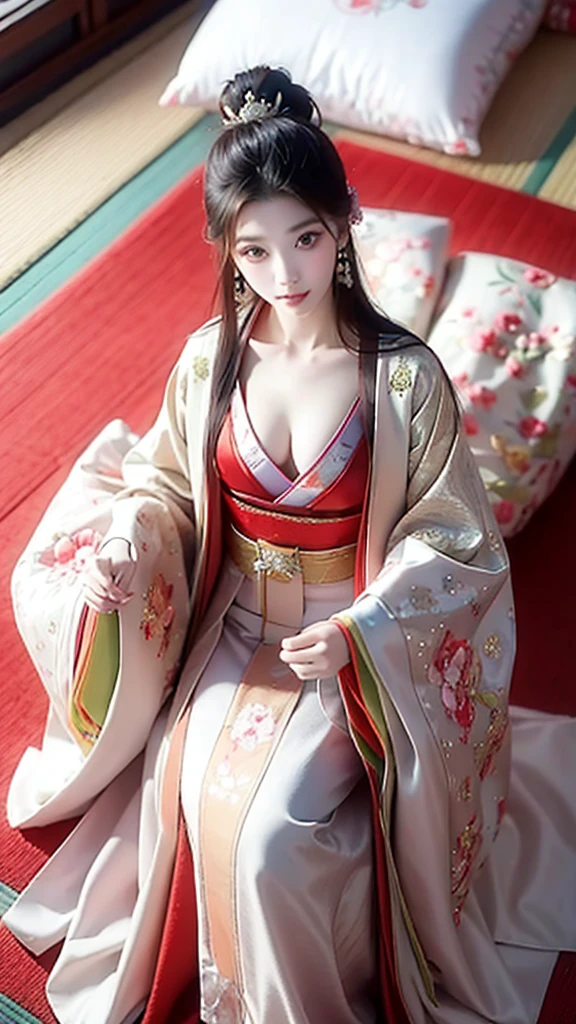 8K Historical drama style Beautiful slender Japanese child princess with long black hair Gorgeous embroidery, Ultra glossy, She is wearing a shiny Heian period princess kimono. She exposes her nipples and squeezes out breast milk on the futon