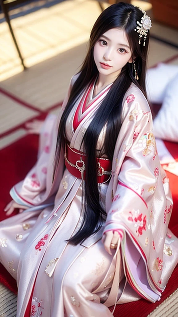 8K Historical drama style Beautiful slender Japanese princess with long black hair Gorgeous embroidery, Ultra glossy, She is wearing a shiny Heian period princess kimono. She exposes her nipples and squeezes out breast milk on the futon