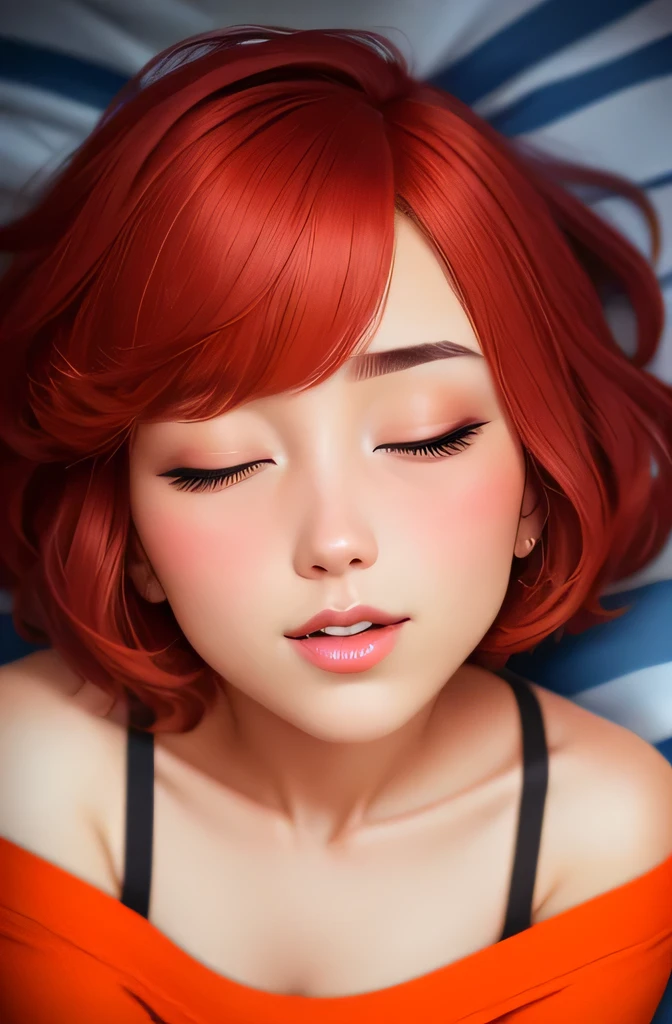 Amazing portrait of a sexy and cute girl with a short bob hairstyle and a seductive gaze who is blushing intensely with parted lips and is desperate and flustered and lustful wearing an off shoulder orange t shirt showcasing her bare shoulder while lying on bed