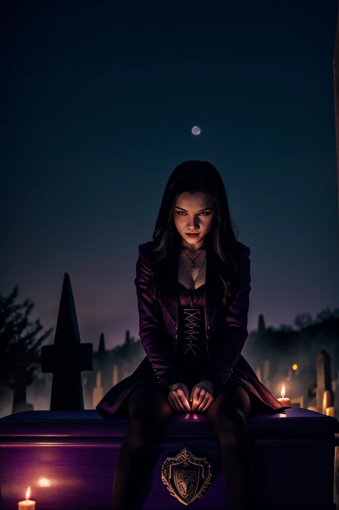 A vampire girl sits on a coffin in the cemetery at night under purple moonlight. It is foggy. Candles glow red. Its scary 