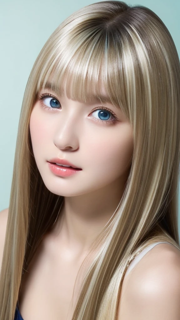 Portrait、、Bright expression、Younger, brighter, whiter skin、Best Looks、Blonde reflection、Platinum blonde hair with dazzling highlights、Shiny bright hair,、Super long, silky straight hair、Shiny beautiful bangs、Sparkling, clear, attractive big blue eyes、A very beautiful, lovely and cute 16 year old girl、Ample breasts