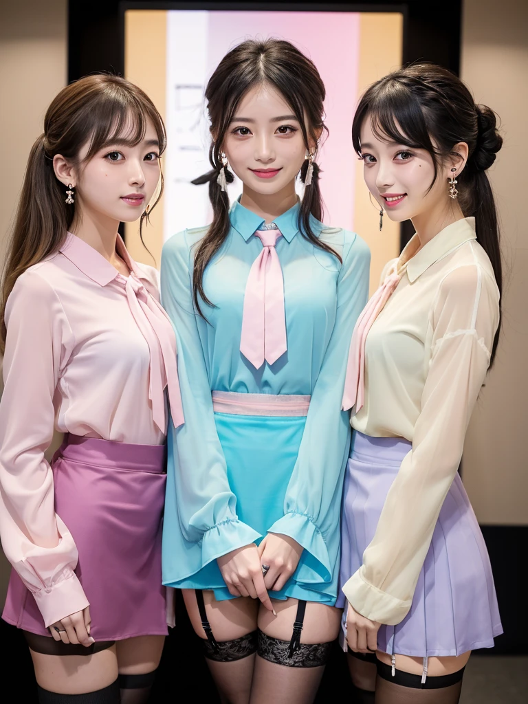 3 Japanese girls, Hair tied up, Bang bang down, (double eyelid), Looking at the audience, At work, (smile), Highest Resolution, masterpiece, (All participants wore pastel-colored long-sleeved sheer blouses.), ((Lift up the entire skirt, Showing panties and stockings)), ((Everyone is wearing earrings)), An elegant tie around the neck