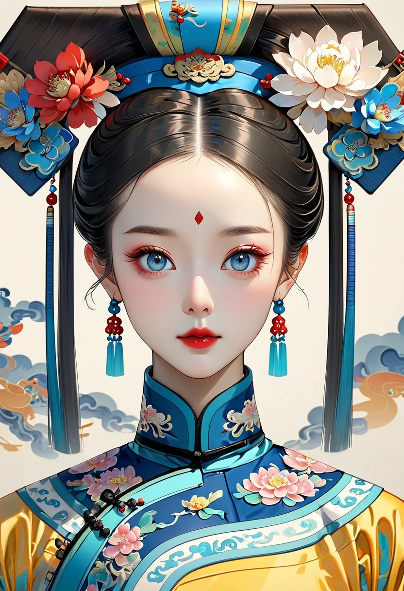 Ancient Chinese style meticulous painting，Thick coating of the board，Colored pencils，fine digital art，Clean lines，Beautiful Chinese Qing Dynasty Princess，Bright Eyes，Exquisite facial features，(((Qing Dynasty flag head)))，symmetry，Delicate hair，Qing Dynasty Clothing，Clean background，Bright colors，High Saturation