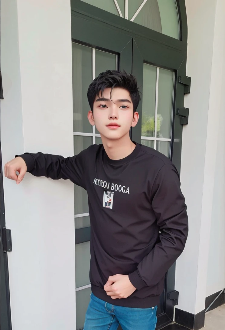 Attractive 16-year-old athlete with short black hair and Hugo Boss business suit、a handsome