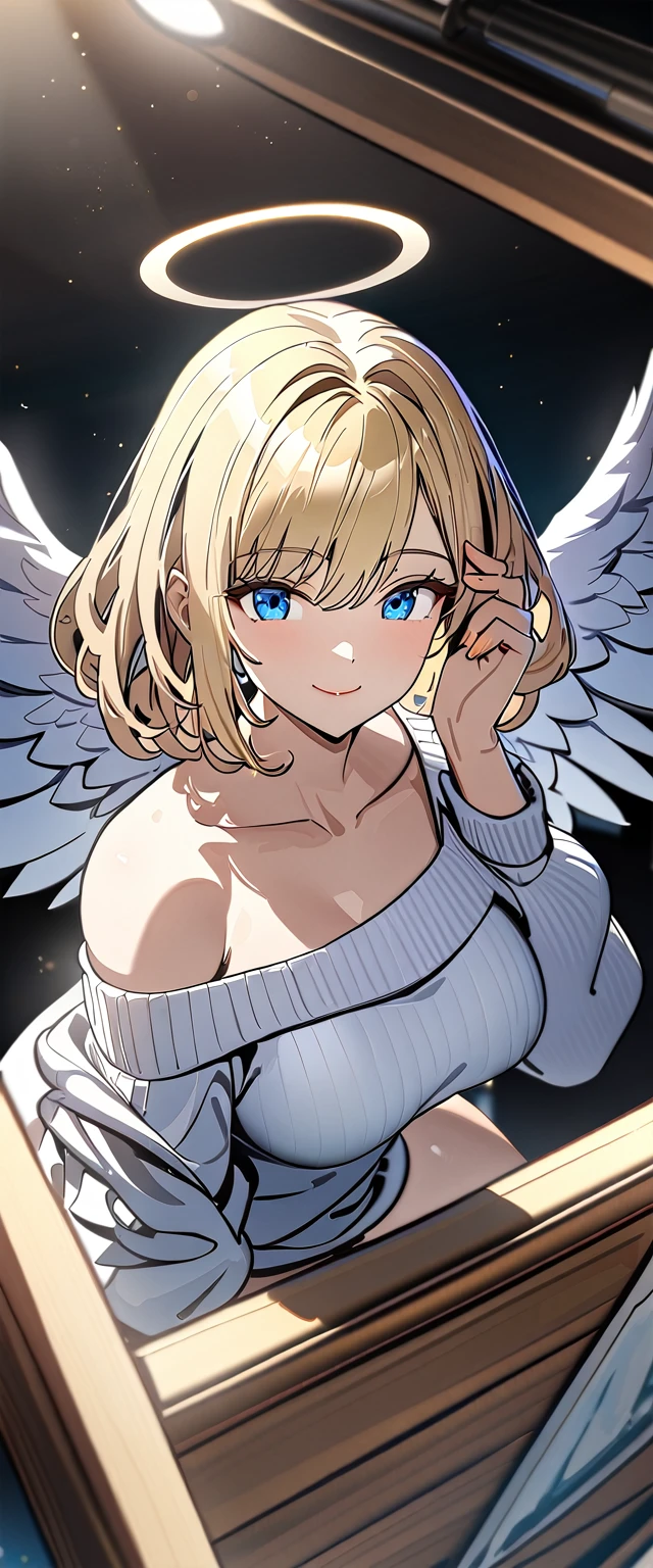 ((angel, big big white wings:1.3, halo:1.3)), bare legs, ((from above)), (((sunglasses, hand to sunglasses))), (((full body))), archangel Uriel, ((wavy hair, inward curled hair)), evening, Sunset, ((blond hair, bob cut:1.3)), breasts, teenager, (looking at viewer), oversized clothes, puffy long sleeves, ((off-shoulder sweater:1.3, Quite thick shoulder straps)), ((white sweater)), collarbone, head tilt:1.3, (((blue eyes))), ((happy smile)), (((anime style))), (best quality, 4K, 8K, highres, masterpiece:1.2, ultra-detailed, ultra-detailed eyes, HDR, uhd, studio lighting, ultra-fine painting, sharp focus, physically-based rendering, extreme detail description, professional, vivid colors, bokeh)