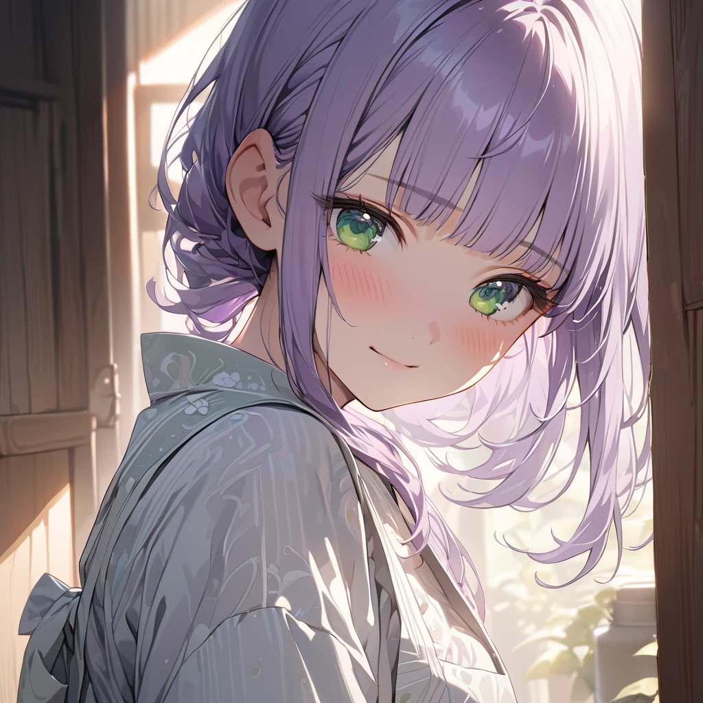 masterpiece, ultra detailed, 8K, a girl, kawaii, light atmosphere, (Cute a tsundere girl:1.5), anime visual, (tilt head:1.3), extremely delicate face, realistic lighting and shading, (an extremely delicate and beautiful art:1.3), a girl,blush,Japanese-style white colored yukata,
from side, cowboy shot, pale purple hair, blunt bangs hair, green eyes, Wearing an apron over an indigo-colored Oshima Tsumugi, she turns around and smiles while standing in the kitchen,look at viewer,