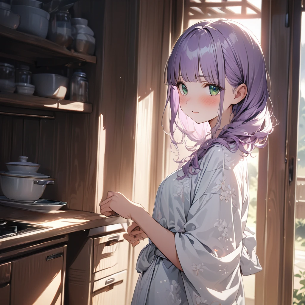 masterpiece, ultra detailed, 8K, a girl, kawaii, light atmosphere, (Cute a tsundere girl:1.5), anime visual, (tilt head:1.3), extremely delicate face, realistic lighting and shading, (an extremely delicate and beautiful art:1.3), a girl,blush,Japanese-style white colored yukata,
from side, cowboy shot, pale purple hair, blunt bangs hair, green eyes, Wearing an apron over an indigo-colored Oshima Tsumugi, she turns around and smiles while standing in the kitchen,look at viewer,