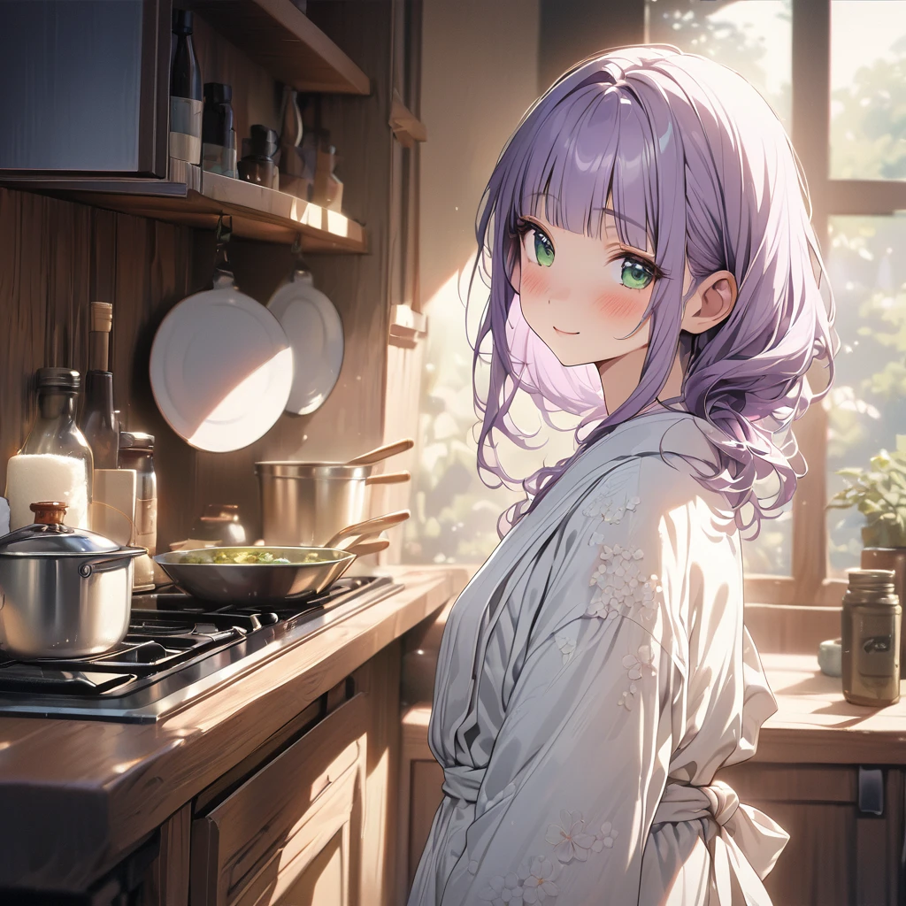 masterpiece, ultra detailed, 8K, a girl, kawaii, light atmosphere, (Cute a tsundere girl:1.5), anime visual, (tilt head:1.3), extremely delicate face, realistic lighting and shading, (an extremely delicate and beautiful art:1.3), a girl,blush,Japanese-style white colored yukata,
from side, cowboy shot, pale purple hair, blunt bangs hair, green eyes, Wearing an apron over an indigo-colored Oshima Tsumugi, she turns around and smiles while standing in the kitchen,look at viewer,