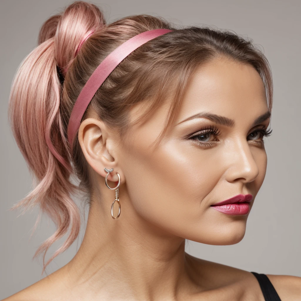 60 year old woman with ponytail and pink lipstick with circular earrings