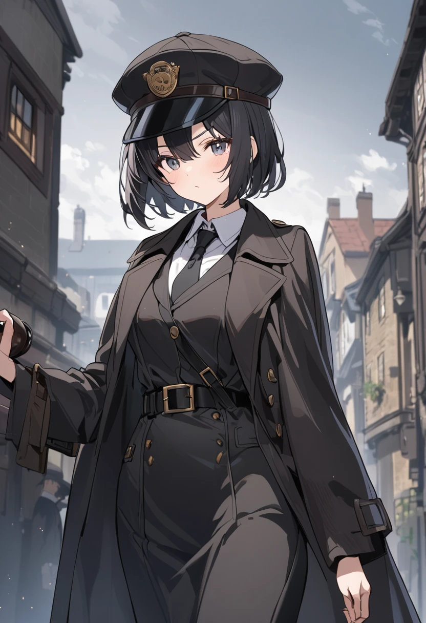 A short female detective wearing black clothes