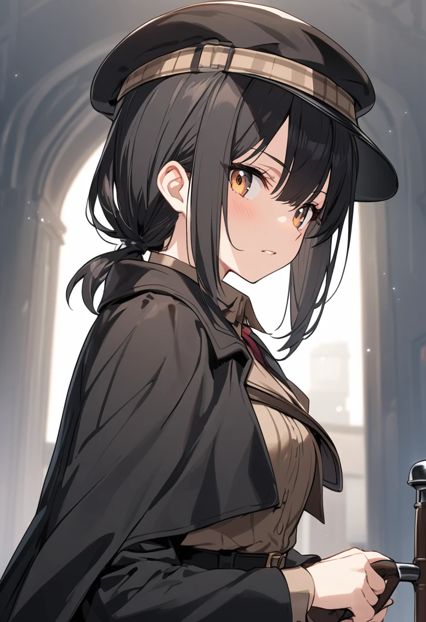 A short female detective wearing black clothes