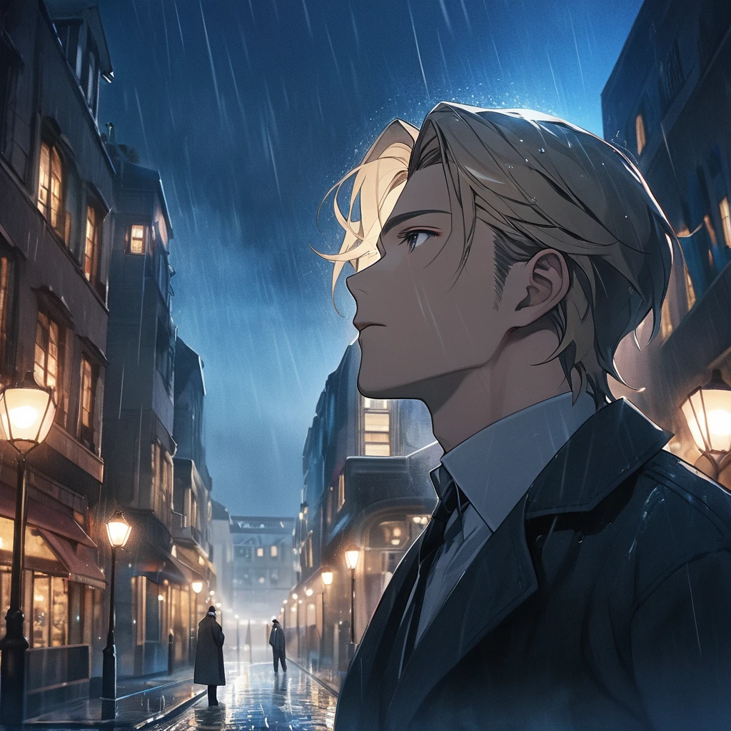 Perfect Face, A gentlemanly 28-year-old man, Milk beige hair color, Oil pastel style, in the rain、Looking up at the night sky, Chic atmosphere, The faint light of street lamps in the background, --Rainbow 5, 4K