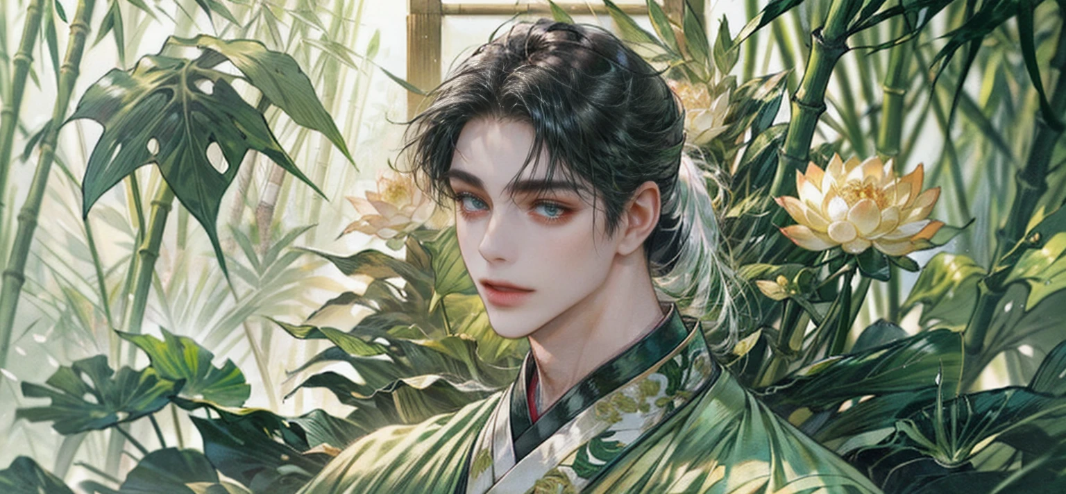 (((best quality))),masterpiece,ultra high resolution,extraordinarily beautiful youth, a bright, innocent smile,All green clothing,((boy 24 year old, green hanfu,green clothing, Chinese shirt style)) ,boy character ,((Thick black long hair)),beautiful face,detailed interior, detailed boy,((man)),(in bamboo forest), house China style, pure white lotus,beautiful and cute boy ,black eyes,((solo man)),(he has a Big eyes, charming lips, slim nose and small face),(slim figures ),ponytail and 冠, Hiogi fan,Japanese fan ,very long hair, thick hair, black hair