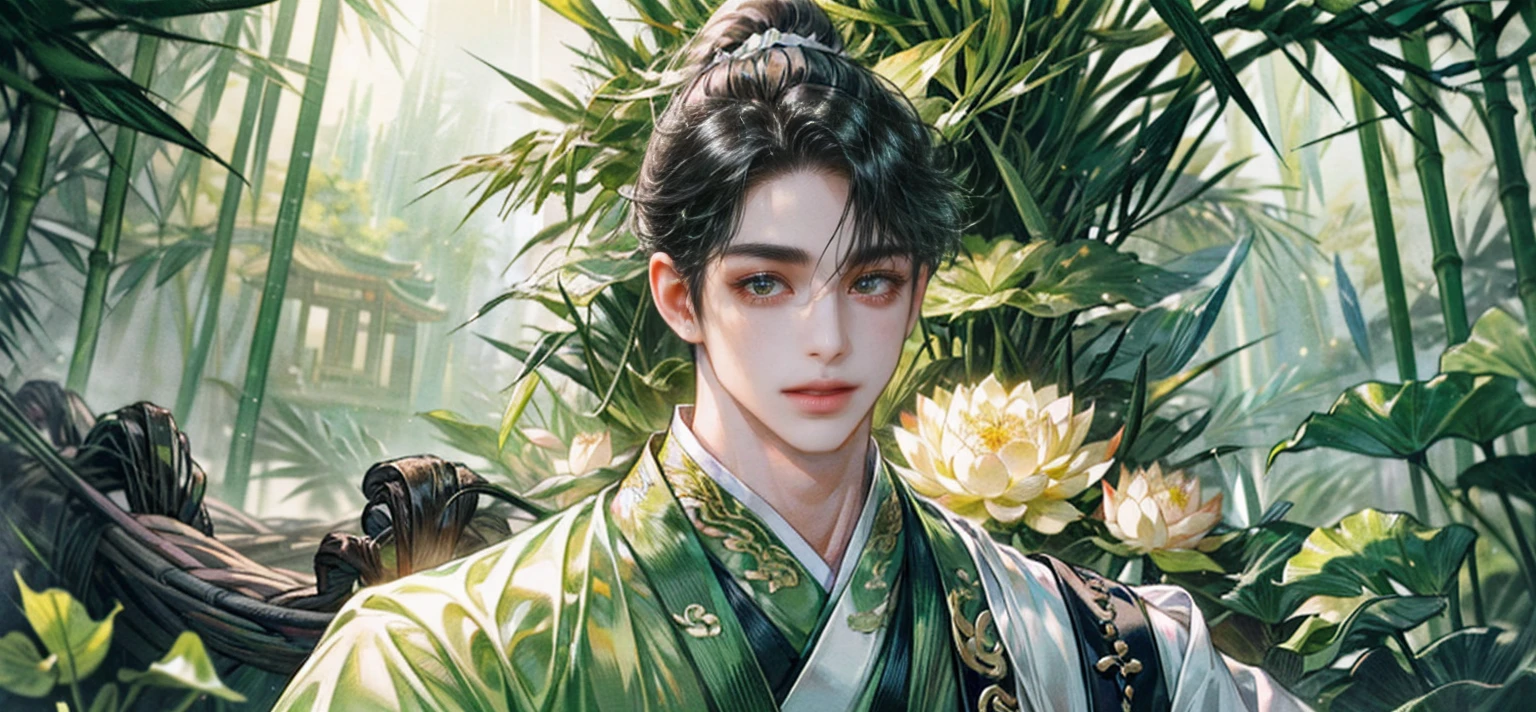 (((best quality))),masterpiece,ultra high resolution,extraordinarily beautiful youth, a bright, innocent smile,All green clothing,((boy 24 year old, green hanfu,green clothing, Chinese shirt style)) ,boy character ,((Thick black long hair)),beautiful face,detailed interior, detailed boy,((man)),(in bamboo forest), house China style, pure white lotus,beautiful and cute boy ,black eyes,((solo man)),(he has a Big eyes, charming lips, slim nose and small face),(slim figures ),ponytail and 冠, Hiogi fan,Japanese fan ,very long hair, thick hair, black hair