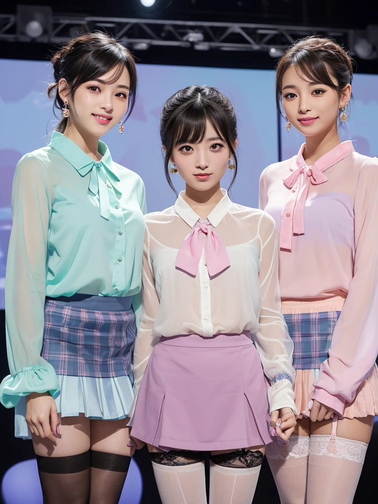 3 Japanese girls, Hair tied up, Bang bang down, (double eyelid), Looking at the audience, At work, (smile), Highest Resolution, masterpiece, (All participants wore pastel-colored long-sleeved sheer blouses.), ((Lift up the entire skirt, Showing panties and stockings)), ((Everyone is wearing earrings)), An elegant tie around the neck