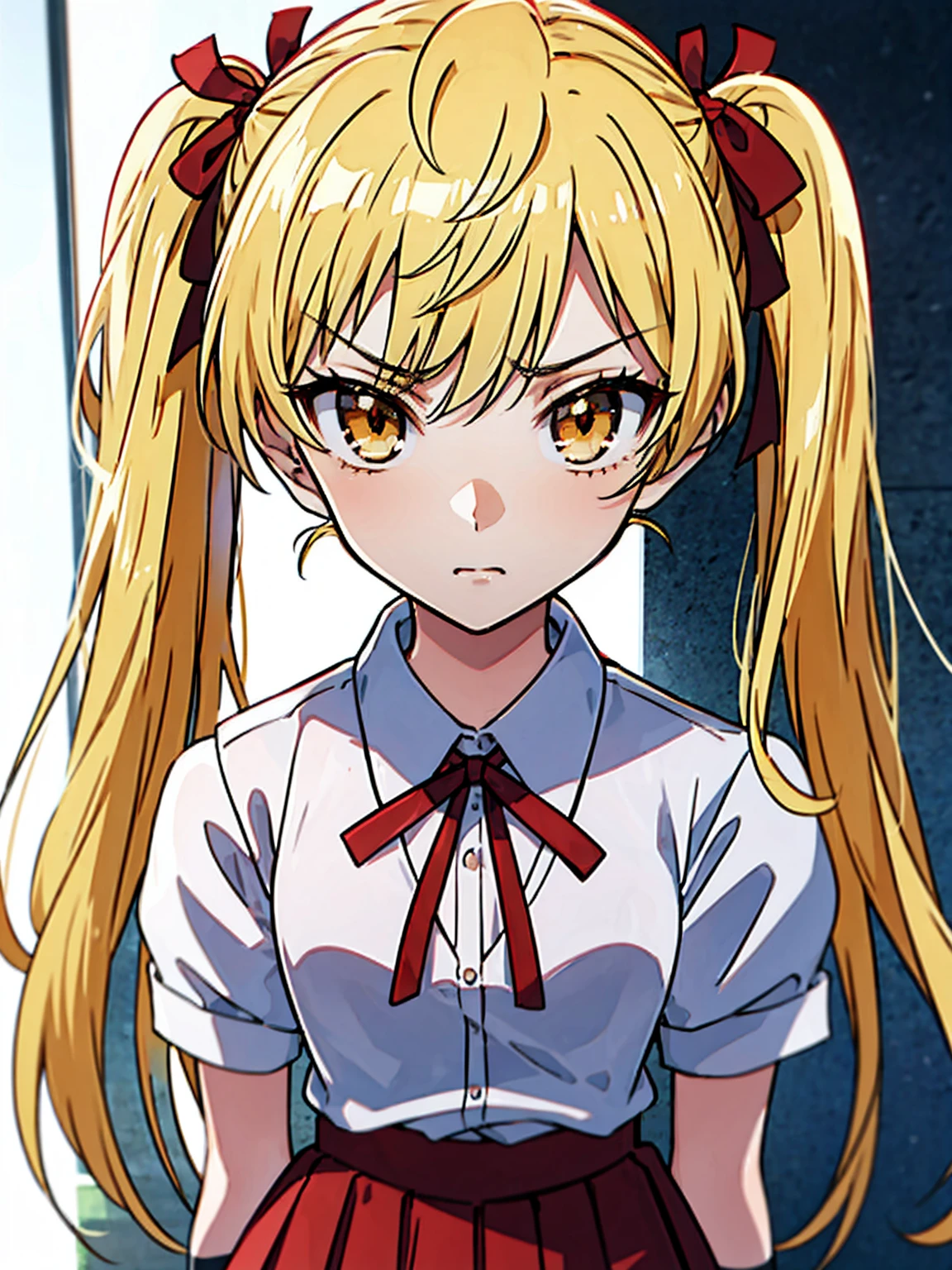 solo,1 girl,long hair ,blonde hair，portrait,twintail,sawachika eri, twintails, long hair, blonde hair, brown eyes, hair ribbon，chibi,cute, hair ribbon,school uniform, red pleated skirt,angry