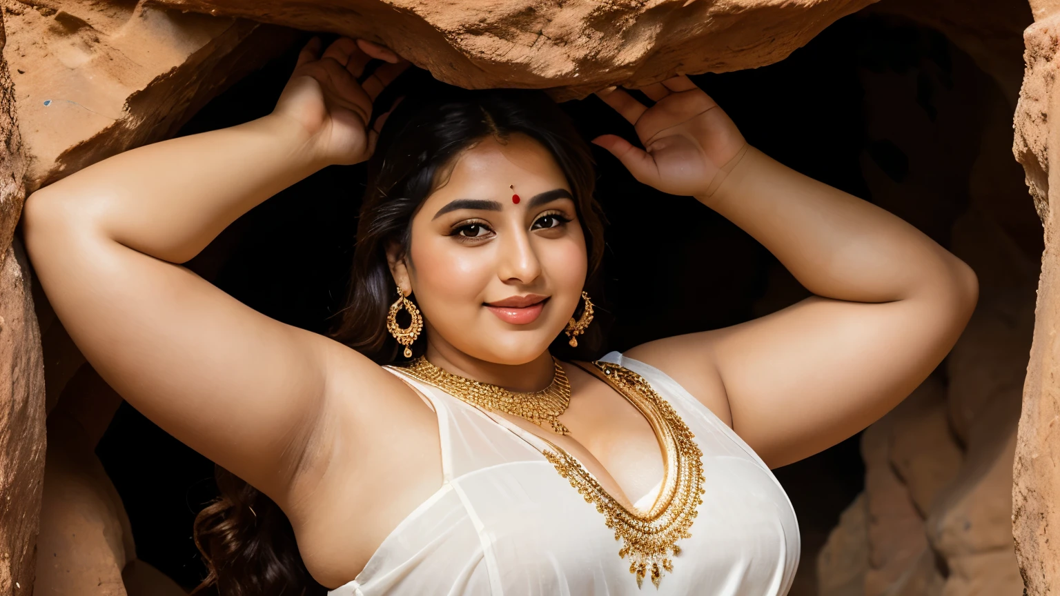 1 Heavenly beautiful and goddess beauty cute and sweet looking face Arabian woman in Benagil Sea Cave in Portugal, Heavenly beautiful Overweight, Heavenly beautiful Extremely fat, big huge breasts, Heavenly beautiful and attractive Chubby figure , Heavenly beautiful looking and eye catching luxury style traditional Indian saree , reaching out, Heavenly beautiful Arabian woman, 16k, High resolution, masterpiece, highest quality, fine skin, outside view, Realistic Photograph, close up figure view, Heavenly beautiful smile face