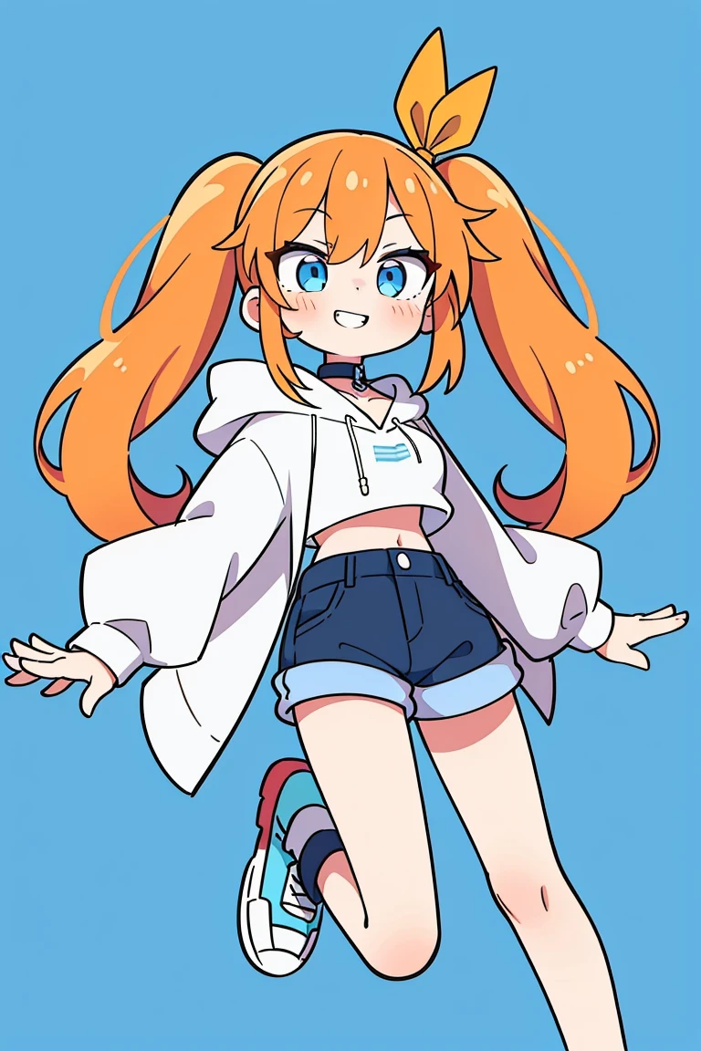 1girl, solo, orange hair, twintails, short twintails, wide twintails, blue eyes, eyeliner, light grin, medium breasts, white hoodie with light blue hood, black choker, denim shorts, light blue sneakers, frow below