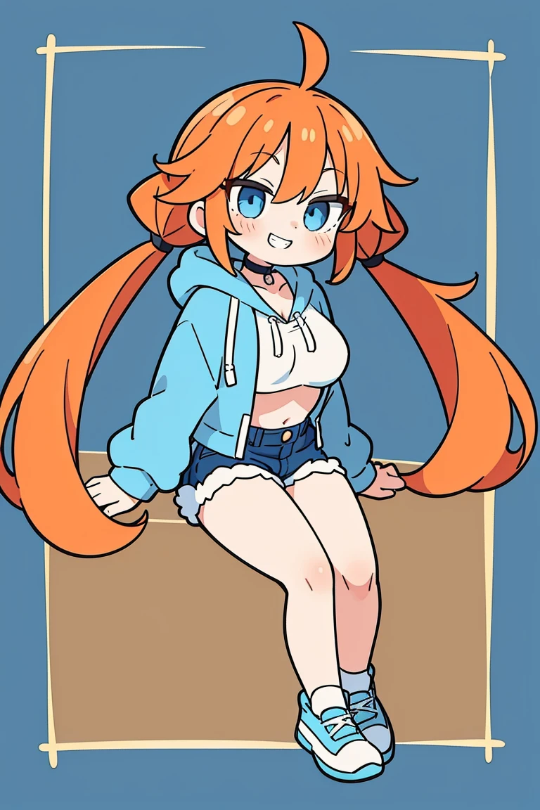 1girl, solo, orange hair, twin buns, blue eyes, eyeliner, light grin, medium breasts, white hoodie with light blue hood, black choker, denim shorts, light blue sneakers, frow below
