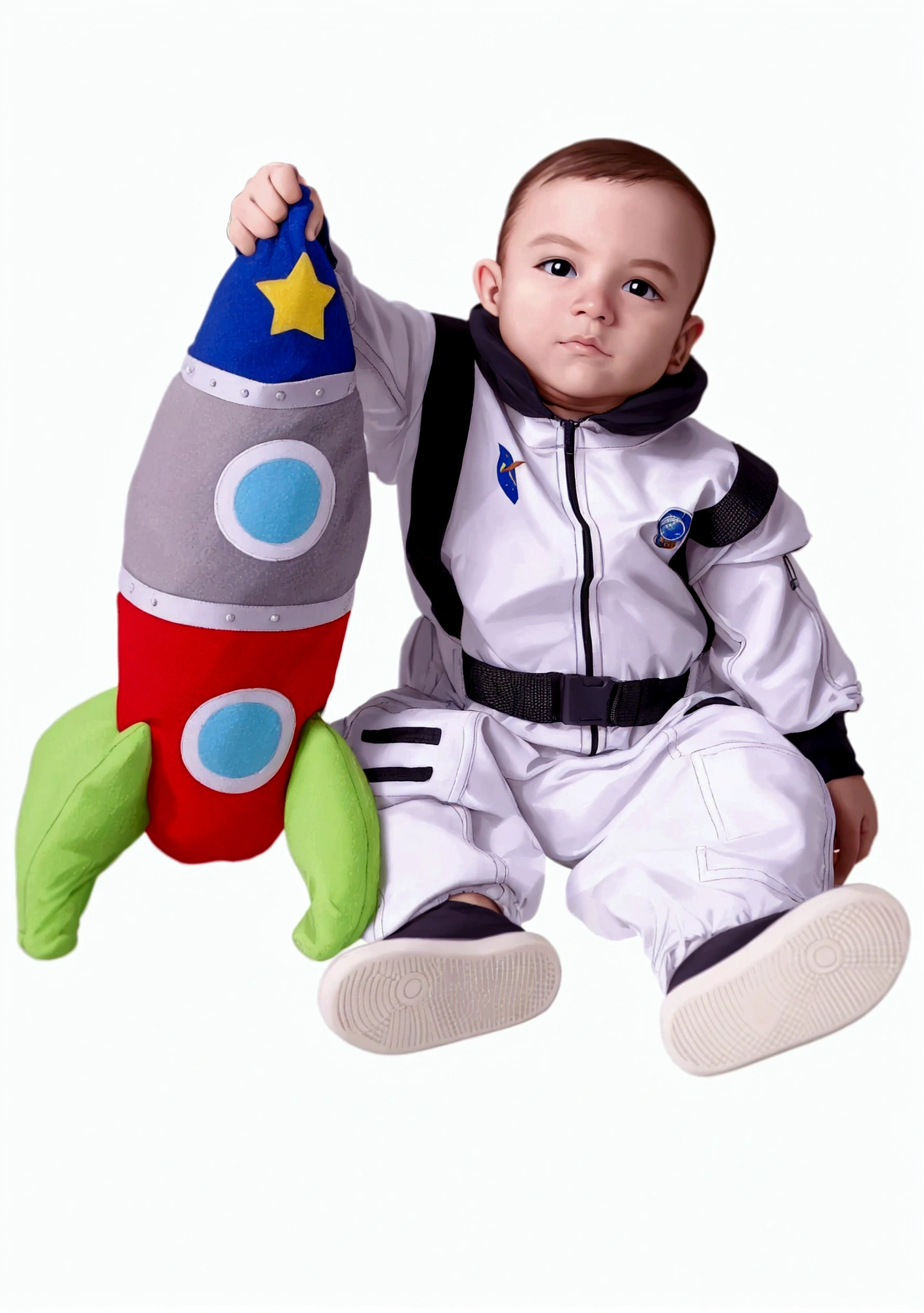 baby sitting dressed as an astronaut