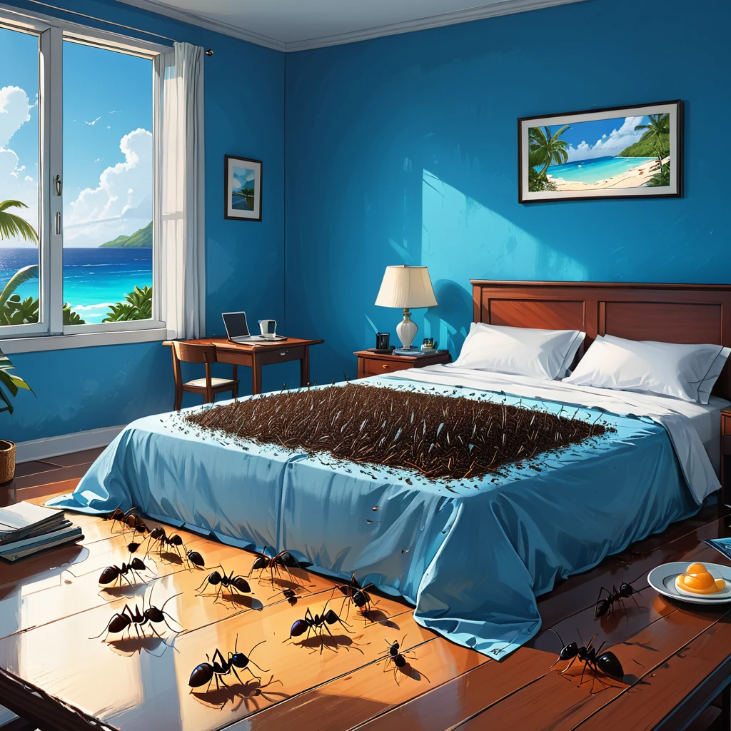 (close-up portrait of ants), (macro shoot ants), many ants, a lot of ants,
(((ants)) on the table in the bedroom, blue walls,blue bad, tropical island outside the window,
panoramic windows, perfect hotel room, smartphone, breakfast, graphic style of novel comics,dark novel, 2d, 8k, hyperrealism, masterpiece, high resolution, best quality, ultra-detailed, super realistic, Hyperrealistic art, high-quality, ultra high res, highest detailed, lot of details, Extremely high-resolution details, incredibly lifelike, colourful, soft cinematic light,