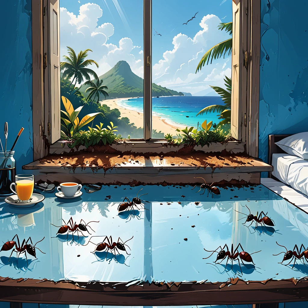 (close-up portrait of ants), (macro shoot ants), many ants, a lot of ants,
(((ants)) on the table in the bedroom, blue walls,blue bad, tropical island outside the window,
panoramic windows, perfect hotel room, smartphone, breakfast, graphic style of novel comics,dark novel, 2d, 8k, hyperrealism, masterpiece, high resolution, best quality, ultra-detailed, super realistic, Hyperrealistic art, high-quality, ultra high res, highest detailed, lot of details, Extremely high-resolution details, incredibly lifelike, colourful, soft cinematic light,