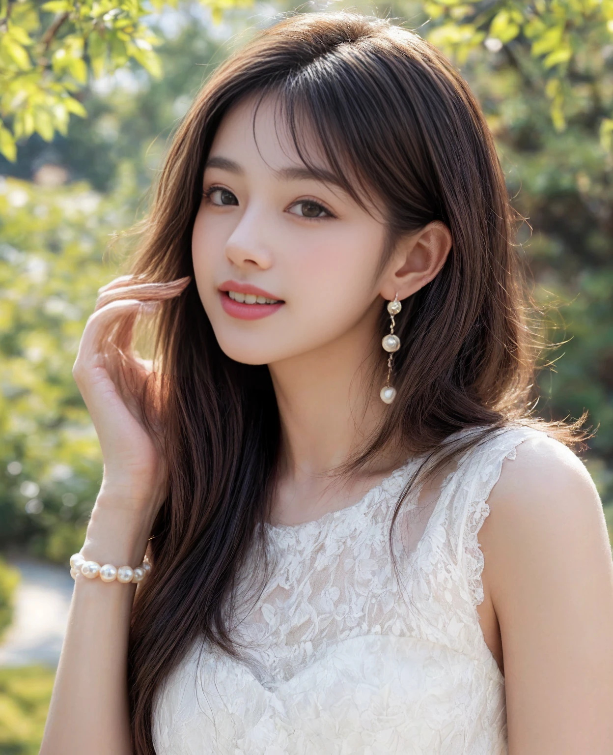 1 girl, national foundation, ((8k, raw, masterpiece: 1.5)), (Professional photography, sharp:1.2), Perfect dynamic composition, (Natural sun light), (soft shadow), (Perfect body:1.4), (((skinny figure))), ((huge round breasts: 1.35)), (((((medium long hair,bangs))))), Ultra-detailed faces and skin, perfect asian, White skin, (Delicate skin:1.4), (latex skin:0.4), (perfect glowing skin:0.6), light brown eyes, beautiful eyes, round eyes, pretty face, blush, glossy lips, ((plump lips)), glossy eyes, Really moist skin, Refined expression, looking at camera, Elegant pearl necklace, Elegant earrings, minimalist, (blue and red floral gown),