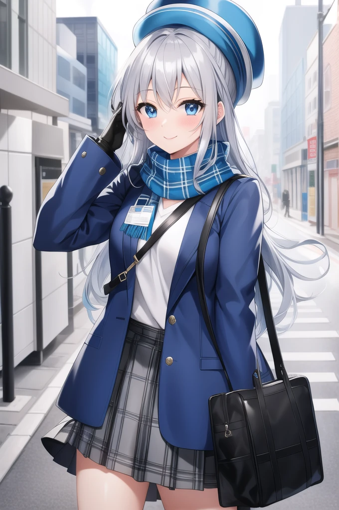 Sky blue scarf，Blue Jacket，Wearing a hat，ID card，White T-shirt，Silver Hair，Gray ear，Black gloves，blue eyes，Plaid skirt，blue halo，on the street，Smile，Looking at the audience