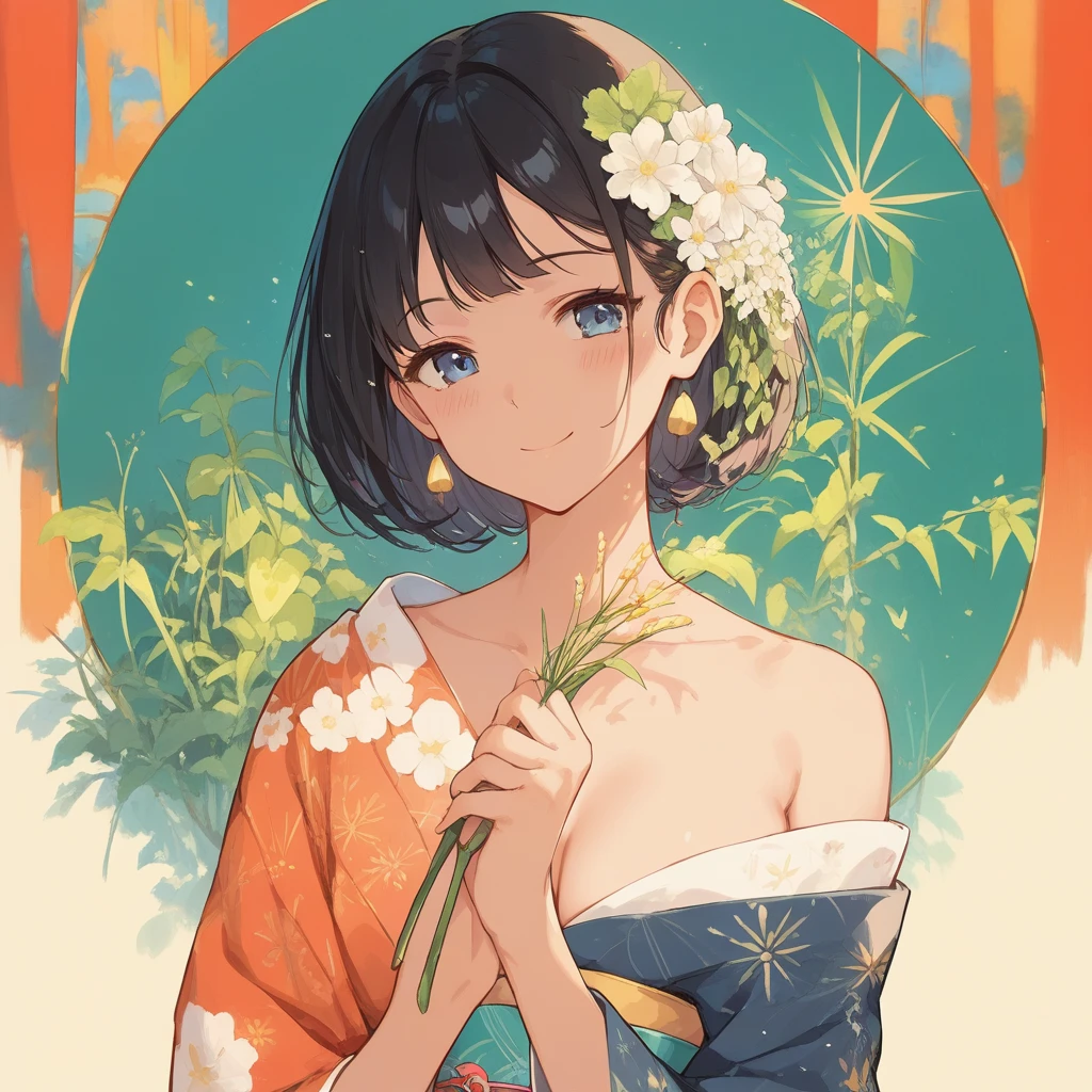 (score_9,score_8_up,score_7_up,score_6_up),masterpiece,best quality, source anime, rating_explicit, (((masterpiece))), (((best quality))), ((ultra-detailed)), ((illustration)), (1girl), (beautiful Japanese woman), (long black hair), (blue eyes), (collaful background), (wearing traditional kimono), (detailed face), (perfect anatomy), (detailed light and shadow), (serene expression), (minimalist style),(cleavage:1.1),((shy smile)), (eyeshadow:0.8), digital collaring, (Sun glare;1.2), Bokeh, Depth of written boundary, Blurred Background, Particles of light, Strong winds, glossy skin, spotlight, vivid color