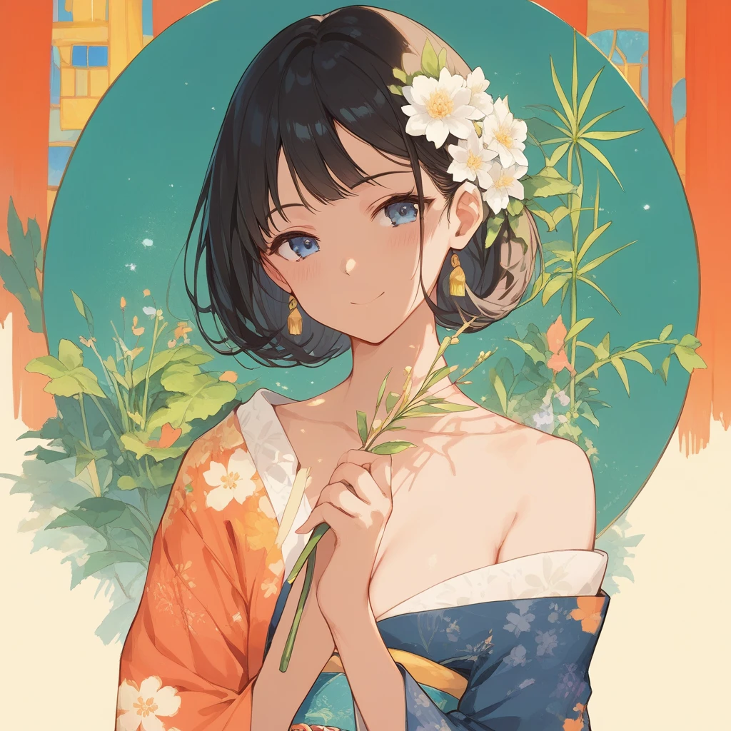 (score_9,score_8_up,score_7_up,score_6_up),masterpiece,best quality, source anime, rating_explicit, (((masterpiece))), (((best quality))), ((ultra-detailed)), ((illustration)), (1girl), (beautiful Japanese woman), (long black hair), (blue eyes), (collaful background), (wearing traditional kimono), (detailed face), (perfect anatomy), (detailed light and shadow), (serene expression), (minimalist style),(cleavage:1.1),((shy smile)), (eyeshadow:0.8), digital collaring, (Sun glare;1.2), Bokeh, Depth of written boundary, Blurred Background, Particles of light, Strong winds, glossy skin, spotlight, vivid color