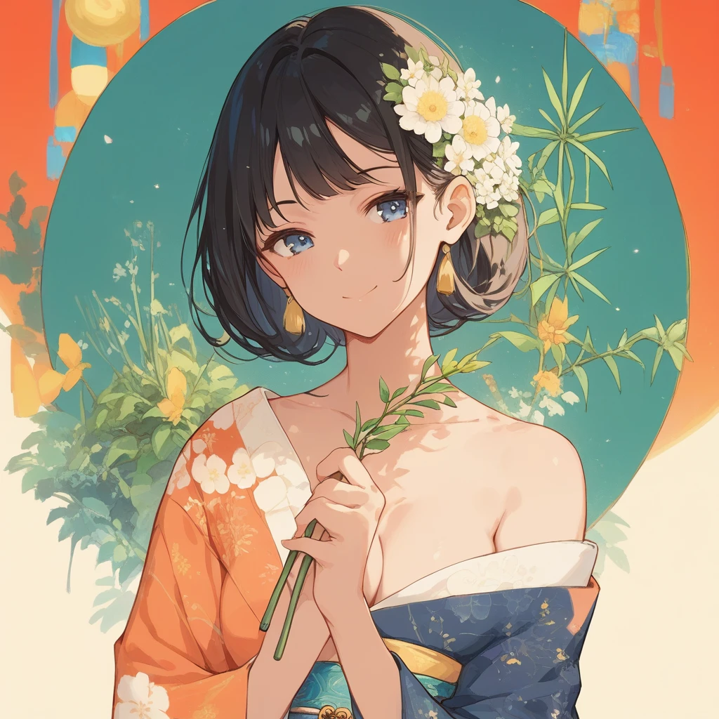 (score_9,score_8_up,score_7_up,score_6_up),masterpiece,best quality, source anime, rating_explicit, (((masterpiece))), (((best quality))), ((ultra-detailed)), ((illustration)), (1girl), (beautiful Japanese woman), (long black hair), (blue eyes), (collaful background), (wearing traditional kimono), (detailed face), (perfect anatomy), (detailed light and shadow), (serene expression), (minimalist style),(cleavage:1.1),((shy smile)), (eyeshadow:0.8), digital collaring, (Sun glare;1.2), Bokeh, Depth of written boundary, Blurred Background, Particles of light, Strong winds, glossy skin, spotlight, vivid color
